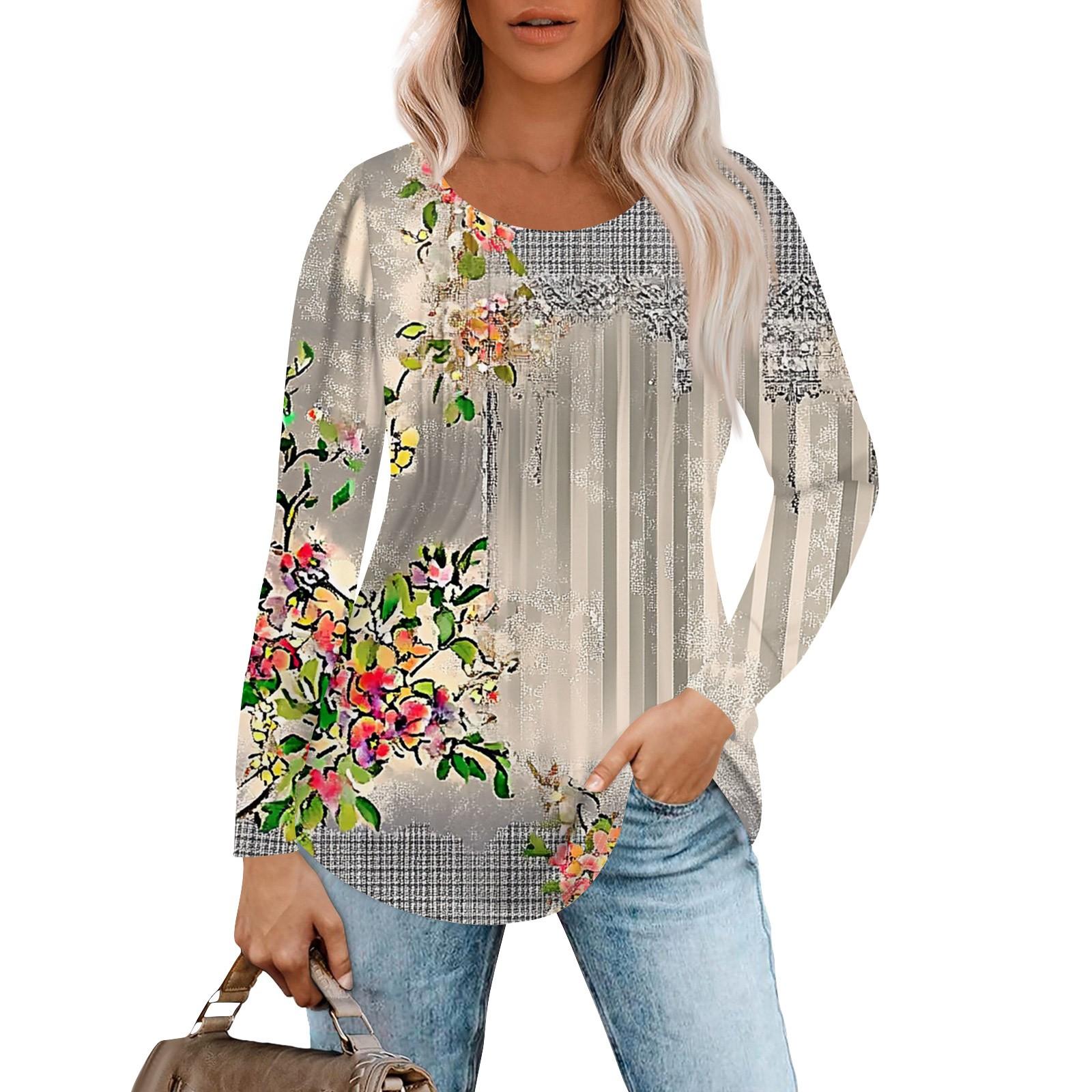 

Женская модная повседневная плиссированная футболка с круглым вырезом и принтом, с длинным рукавом XXXL бежевый