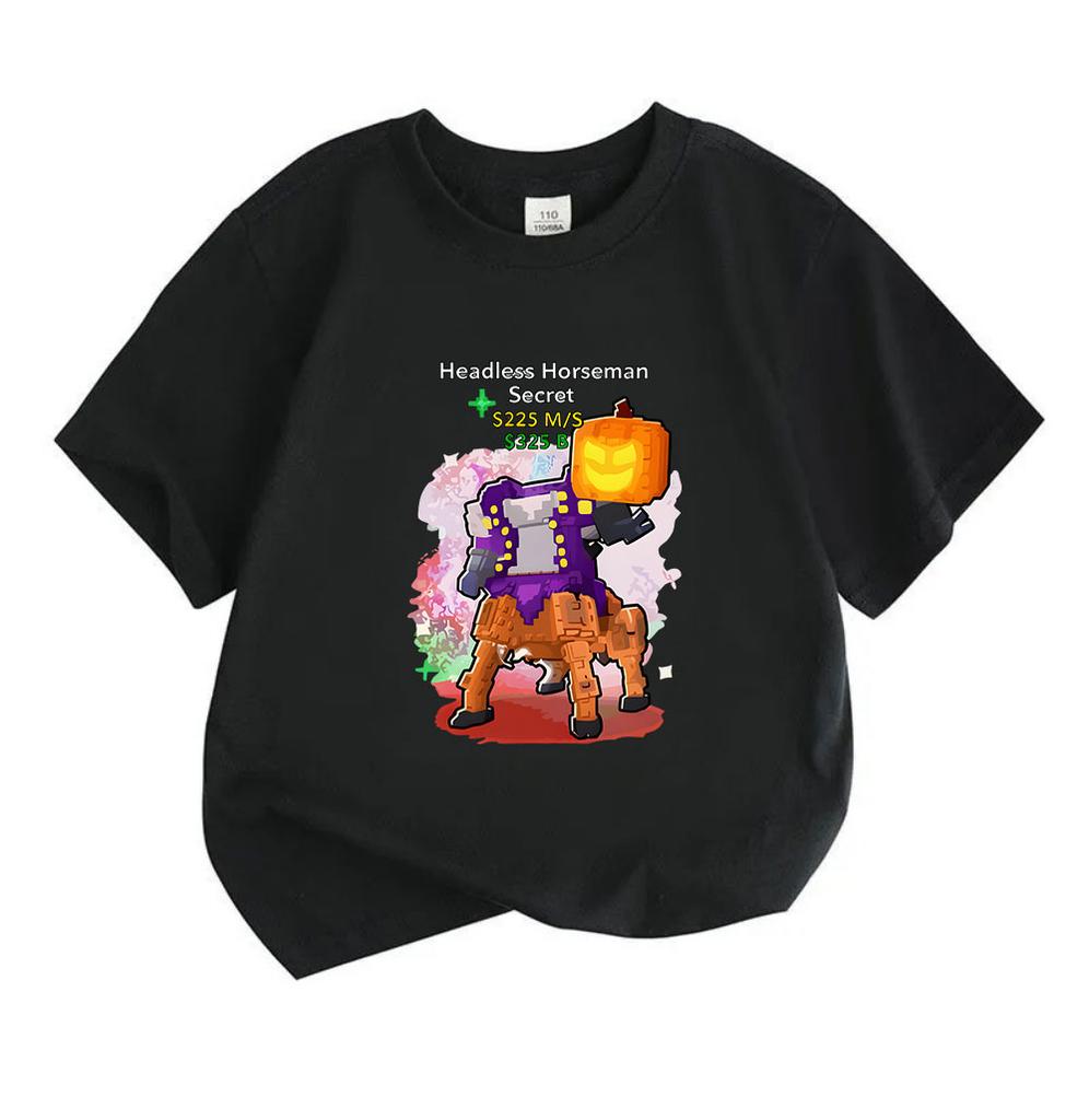 Kids Boys Girls 100% Cotton Crew Neck Short Sleeve T-Shirt, Funny Pixel Headless Horseman Pumpkin Print Casual Halloween Tees for Children Daily Wear
