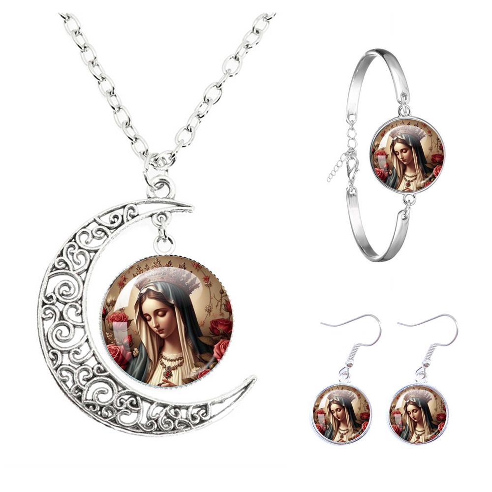 Virgin Mary And Baby Jesus Catholicism The Moon Necklace Earrings Bracelet Set Religious Glass Cabochon Pendant Gift Jewelry