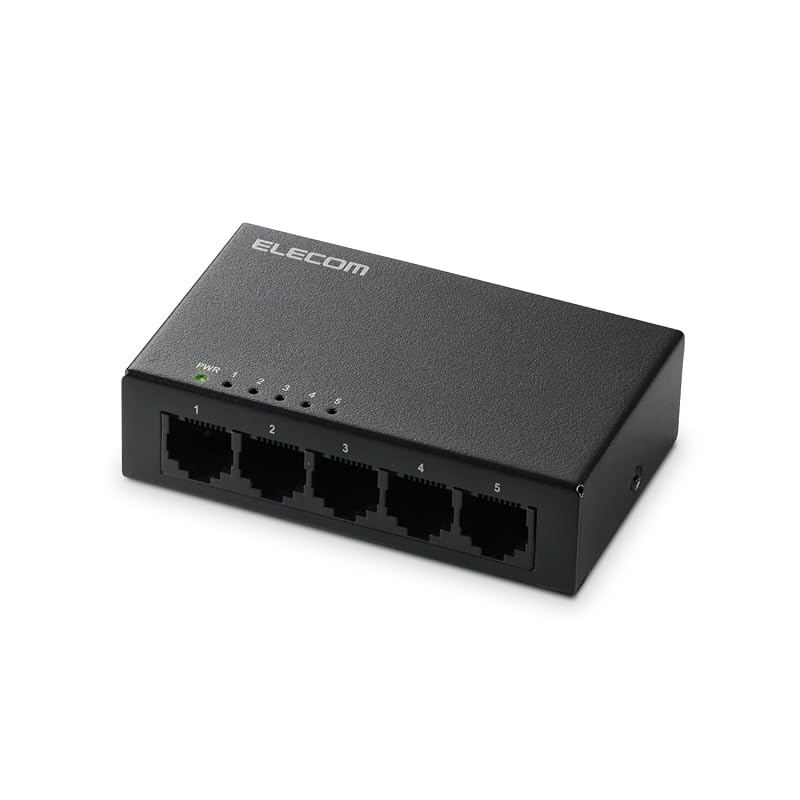 ELECOM Gigabit 5-Port Switching Hub, Metal Casing, AC Power, Silent Fanless, Black EHC-LG05M-B