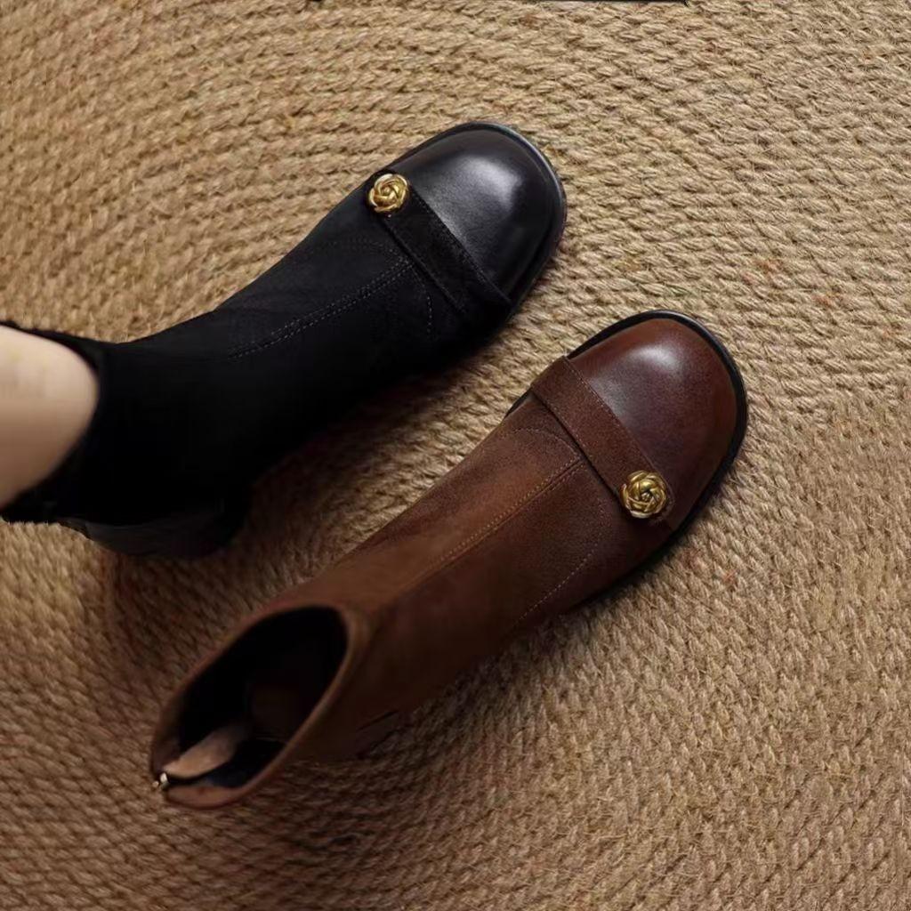 Bottines courtes à talons hauts en daim français automne et hiver 2025 nouvelles talons épais intérieur velours bout rond bottines fines bottes Martin bottes élastiques pour femmes