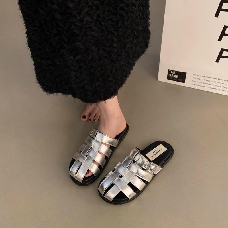 Retro Roman Shoes Women Genuine Leather Mules Round Toe Flat Sandals Buckle Slippers Ladies Fashion Casual Shoes Summer