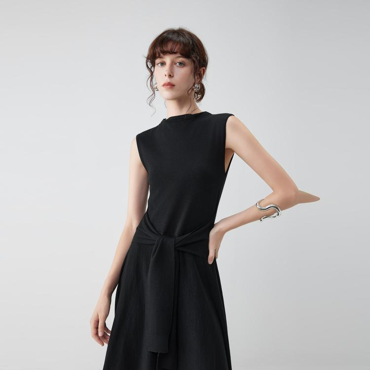 ELLE Irregular Half High Neck Casual Versatile A-Line Simple Wool Sleeveless Dress Women dresses EL52110
