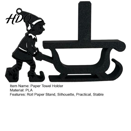 Novelty Paper Roll Storage Christmas Elf Towel Holder 3D Printed Matte Black Tissue Holder Stand Sleigh Silhouette Decorative for Kitchen