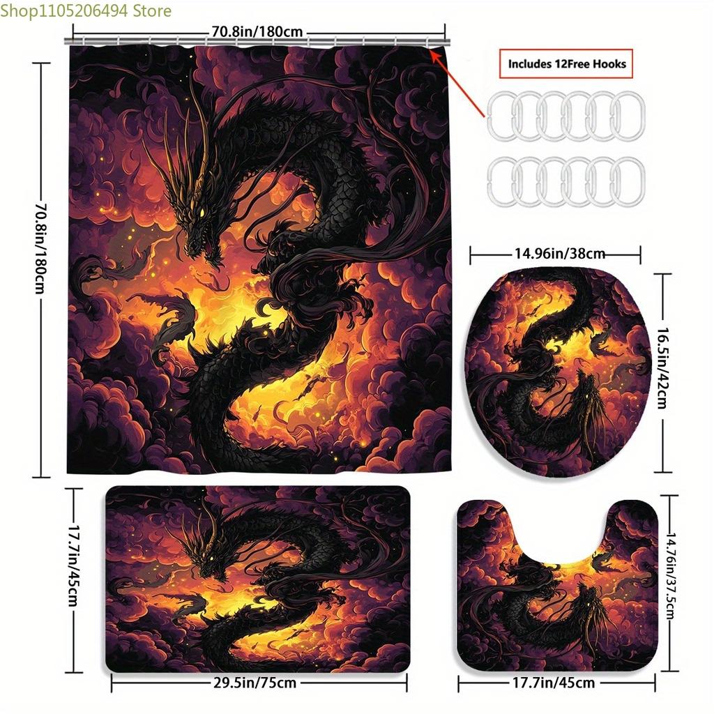 1/3/4 st Drak Duschdraperi Set med Badrumsmatta, U-formad Matta & Toalettlock - Högkvalitativt 180x180cm Badrumsdraperi med 12 Krokar, Pu