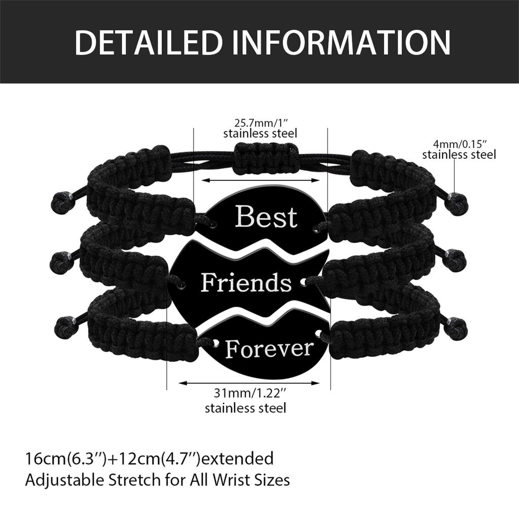 3-Piece Multicolor Puzzle Heart Best Friends Bangle Set, Titanium Steel Engraved
