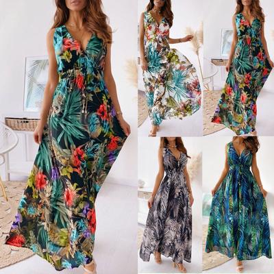 Women's Summer Casual Print Bandage Elastic Waist V-Neck Sleeveless Pullover Dress