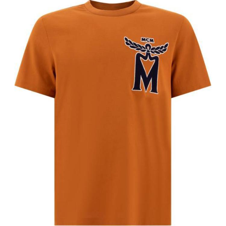 MCM Logo Print Round Neck Loose Short Sleeve T-Shirt Men T-Shirts Orange MHTEAMM09CO S