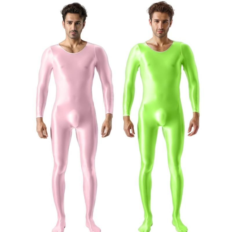 Mens Oil Glossy Bodystocking Full Bodysuit Long Sleeve Unitard Jumpsuits Stretchy Sheer Silky Romper Club Party Workout Onesie