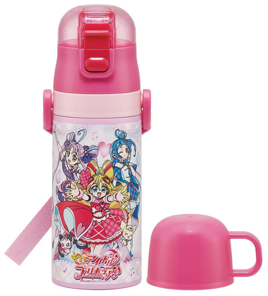 Skater Water Kimi To Idol PreCure Stainless Small Sports Water Children's Bottle, 2-Way, Straw/400ml Capacity, Cup/350ml Capacity, Design, Steel,