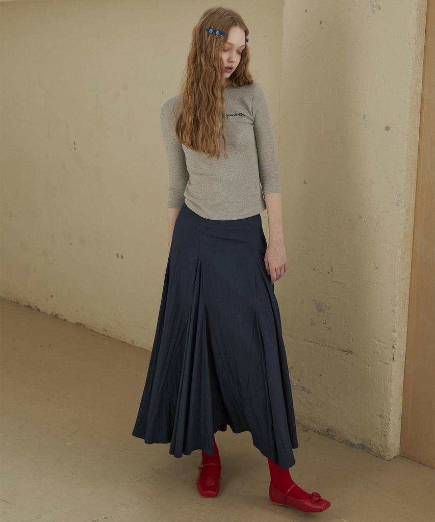 Green Butter Flare Section Long Skirt (Navy)