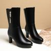 Women's Winter Warm Soft Fashion Leather Female Boots High-heeled Plush Trend Mid-calf Zipper Round Head Boots
