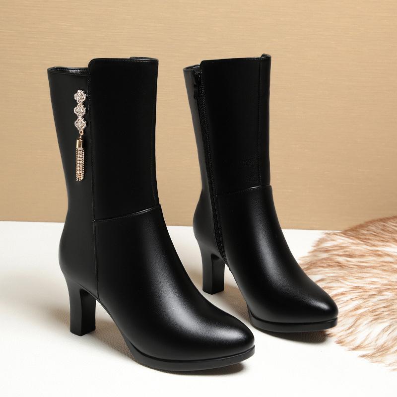 Women's Winter Warm Soft Fashion Leather Female Boots High-heeled Plush Trend Mid-calf Zipper Round Head Boots