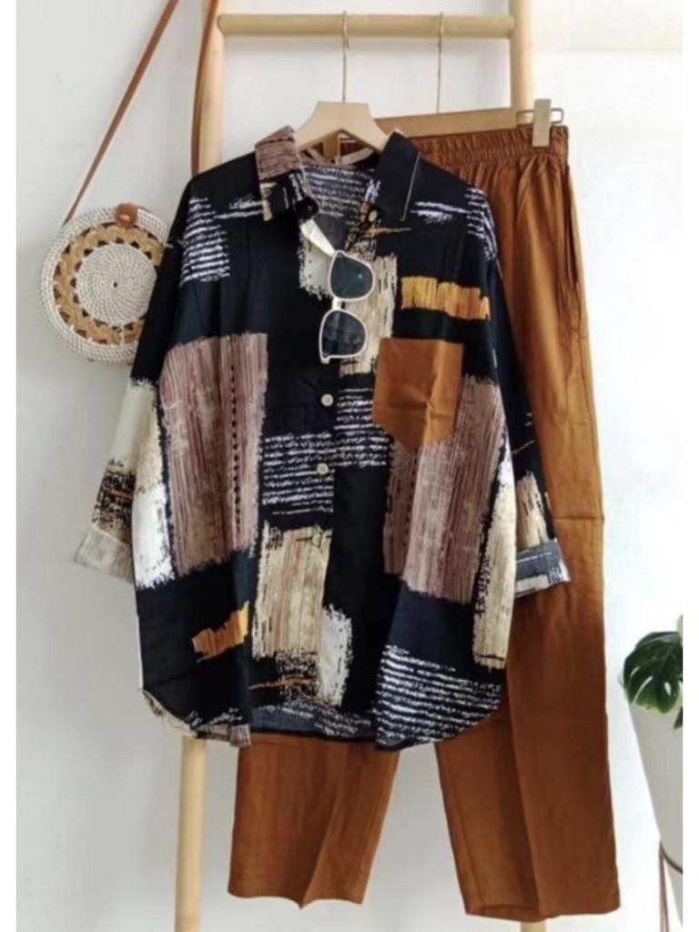 Completo due pezzi casual Primavera/Estate con colletto stampato a maniche a cinque maniche