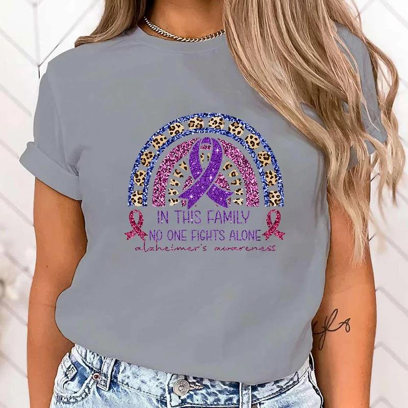 New Fashion In This Family No One Fights Alone Alzheimer's Awareness Print Graphic T Shirt Fashion Casual Short Sleeve Shirt Tee