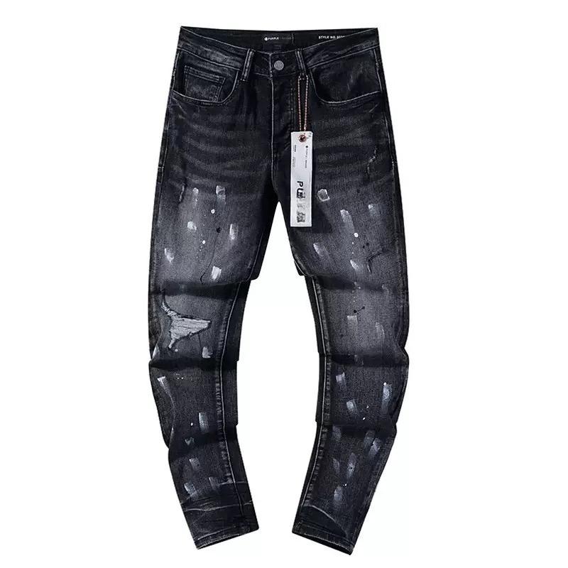 BeatStreet New Jeans גברים טרנד אופנה שטיפה רטרו הדפסת גרפיטי תיקון מותן נמוך מתיחה סקיני כפתור קפלים קרועים מכנסי ג'ינס