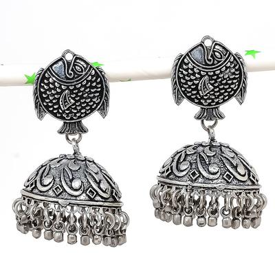 Natural Indian Look Jhumki Gemstone Silver Tribal Bali Earring 2.17" D6c17