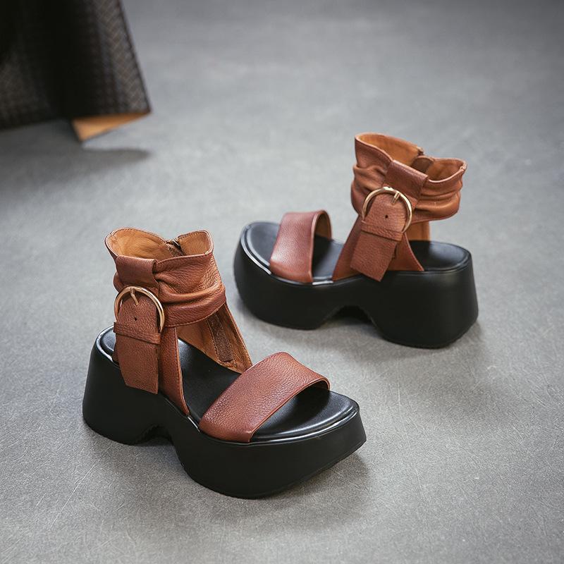 Johnature Thick Soled Sandals Genuine Leather Side Zipper Height Increasing Women's Platform Shoes