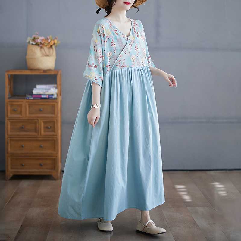Cotton and Linen Summer Patchwork Retro Style Dress Long Skirt
