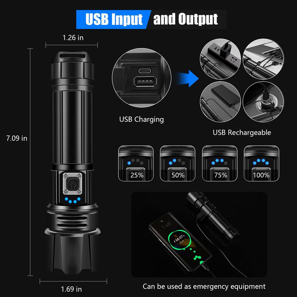 Flashlight High Lumens Rechargeable, 950000 Lumen Led Flashlights XHP70.2 USB,Handheld Super Bright  Flash Light Battery Powered