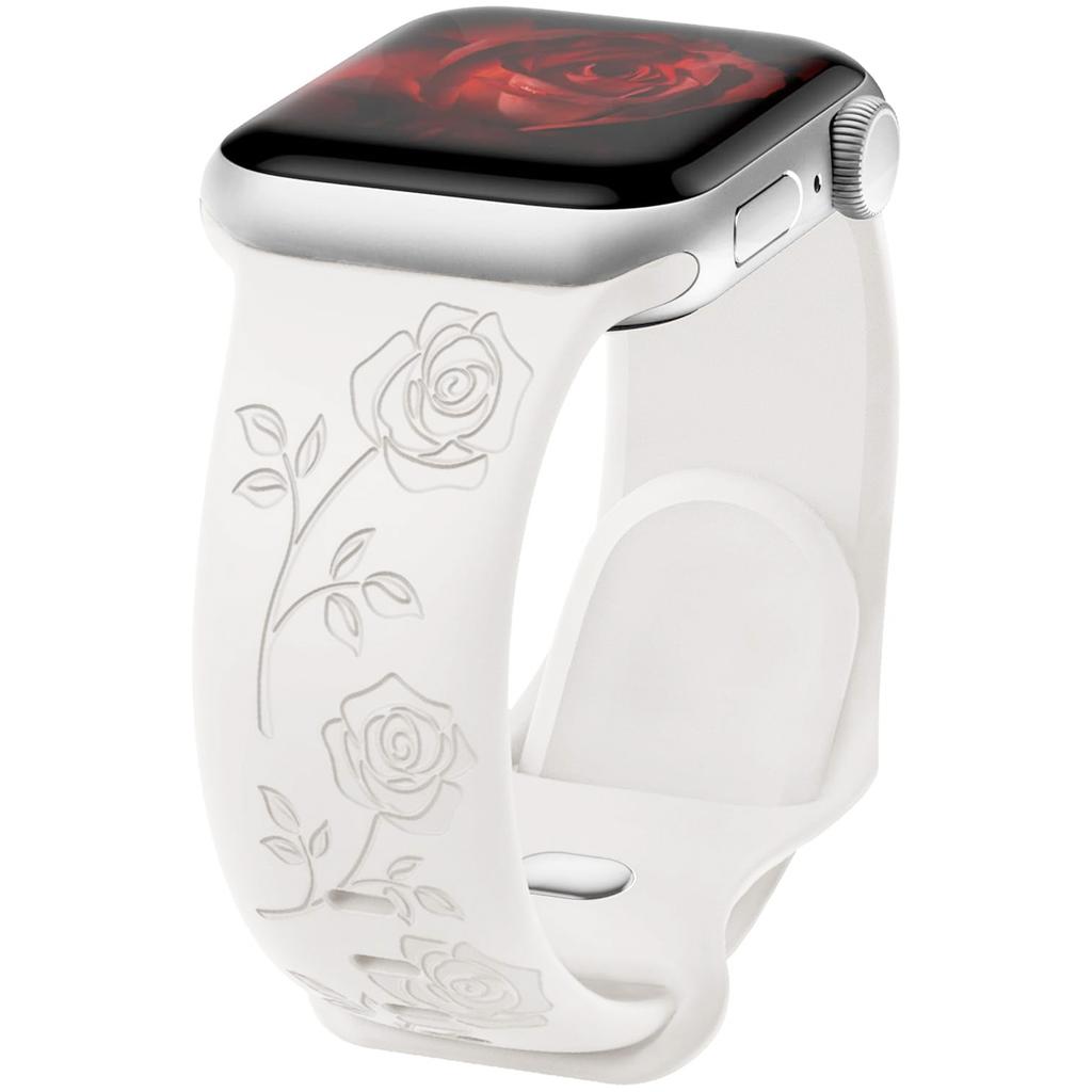 For Apple Watch 10 46mm/Ultra 2/Ultra 49mm/9 8 7 45mm/SE (2023) SE (2022) SE 6 5 4 44mm/3 2 1 42mm Rose Engraved Silicone Strap