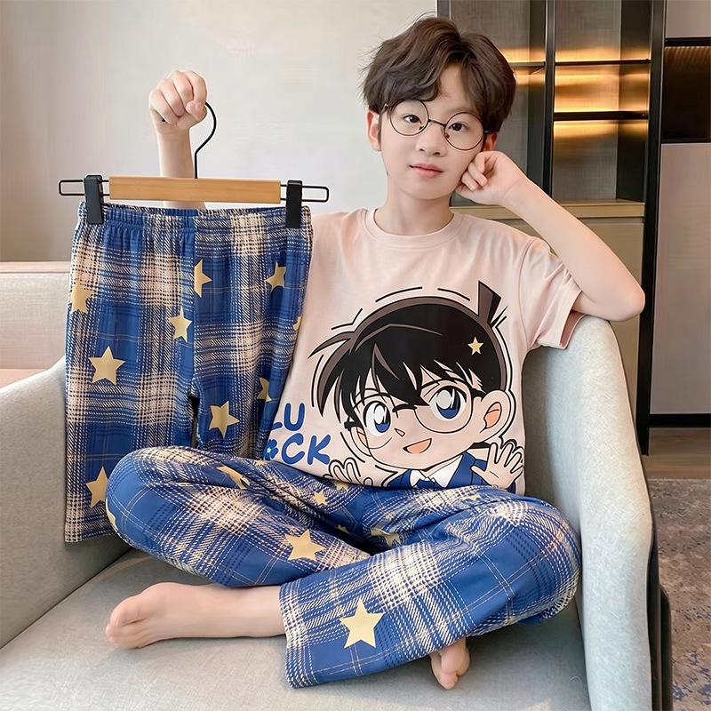 Cartoon Boys' Summer Pajamas Set: Short-Sleeved Top & Shorts for Indoor/Outdoor Wear