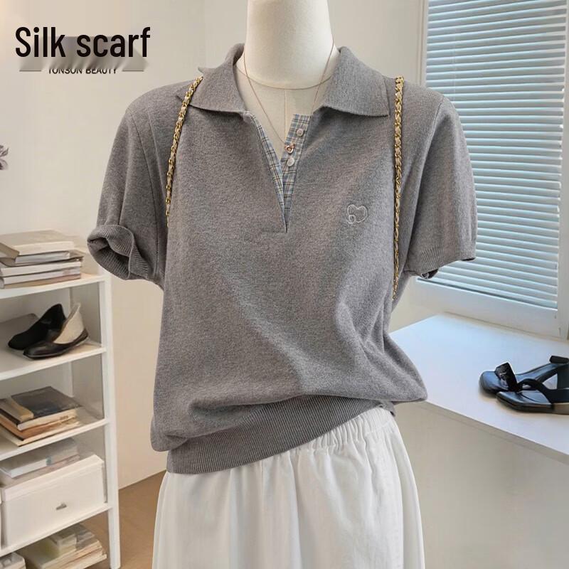 Women s Embroidered Solid Lapel Short Sleeve Knit Top S