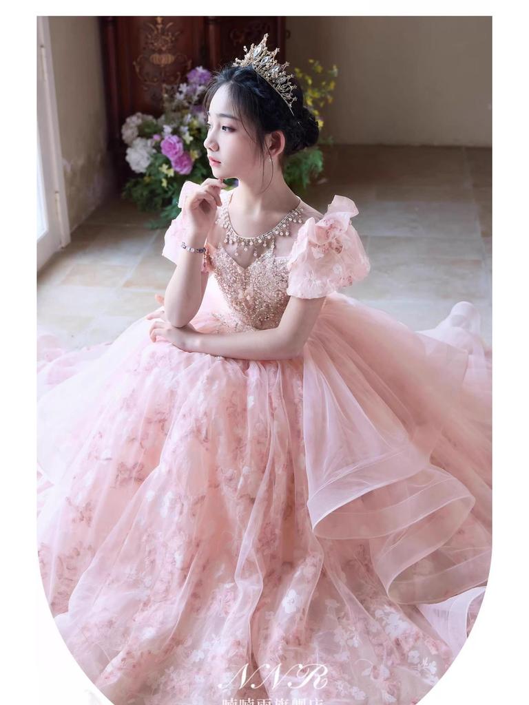Pink Mori Style Luxury Tulle Princess Dress for Children's Birthday & Piano Performance