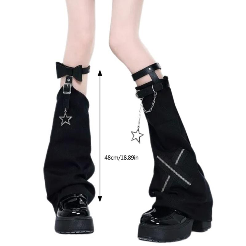 Aesthetic Vintage Crosses Stitched Leg Warmer for Women Harajuku Streetwear Punk Leather Buckle Garters Leg Sleeve Cover