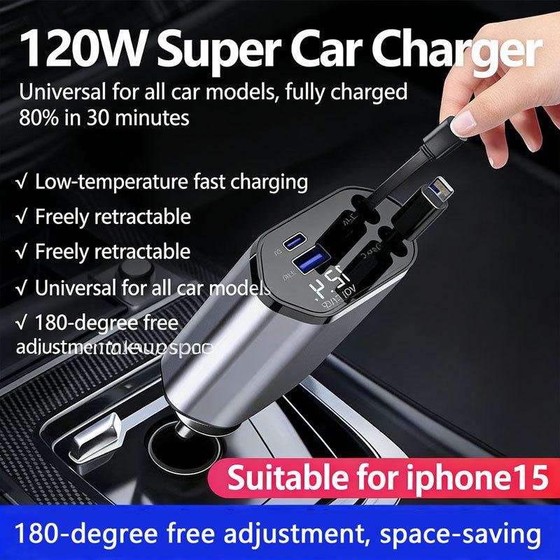 Car Charger USB Type C Adaptor 120W Fast Charge Retractable Charging Cable with Cords QC Adapter Car Charger For Iphone Android