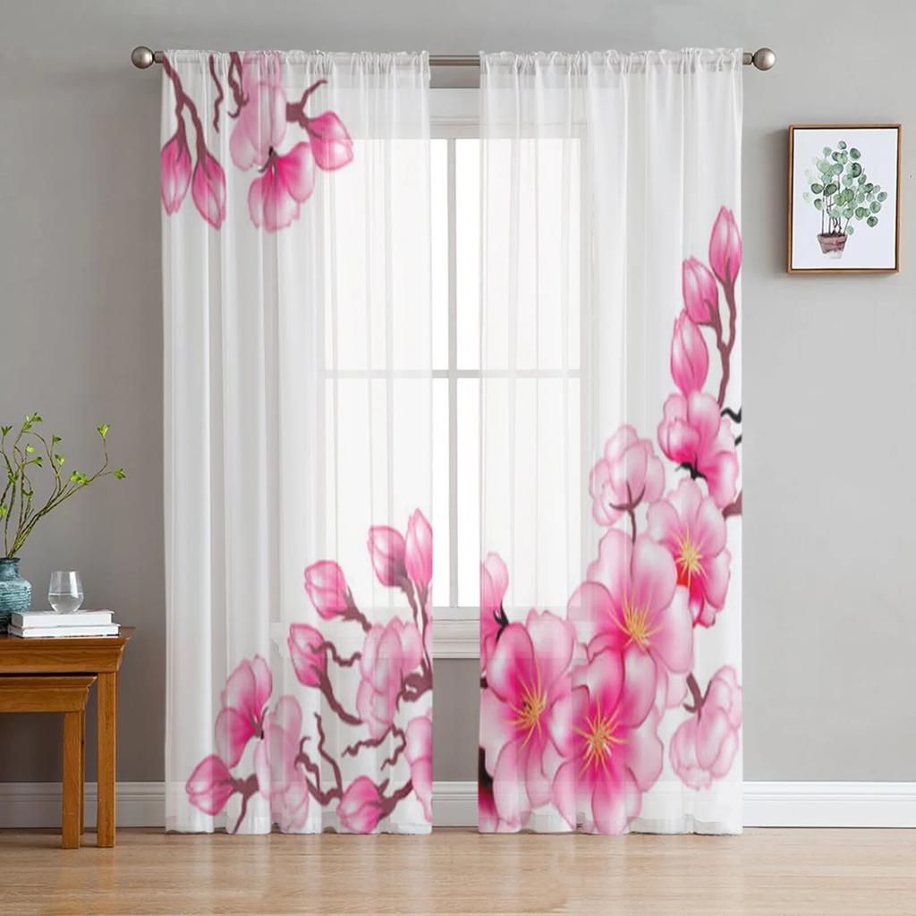 Dream Cherry Blossom Pink Sheer Curtains for Girl Kids Bedroom Kitchen Window Drapes Curtain Home Decoration
