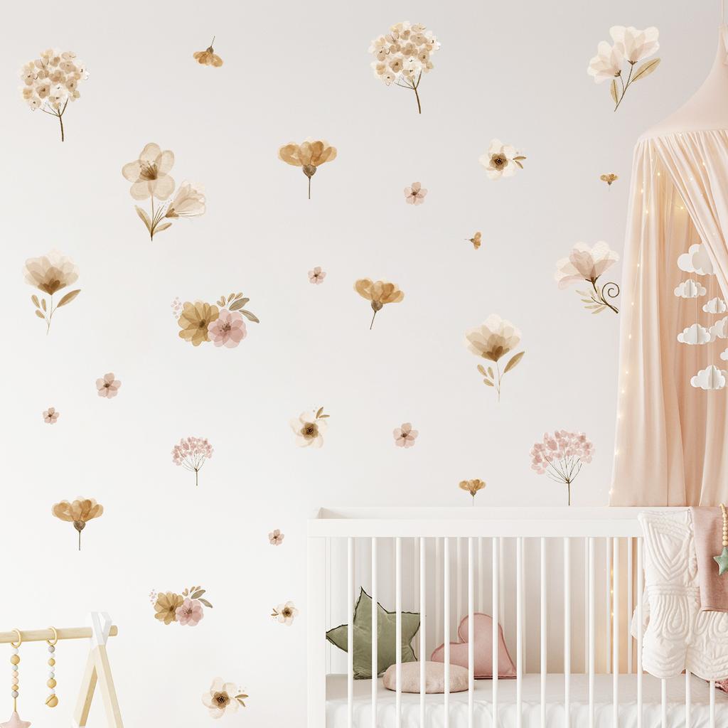 Watercolor Floral Wall Stickers Removable Peel and Stick Boho Flower Wall Decals for Nursery Bedroom Living Kids Room Home Decor