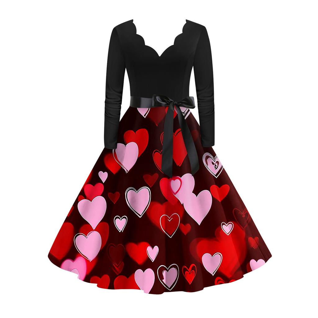 Damska stylowa i elegancka sukienka z długim rękawem, dekoltem w serek w kształcie serca na Walentynki