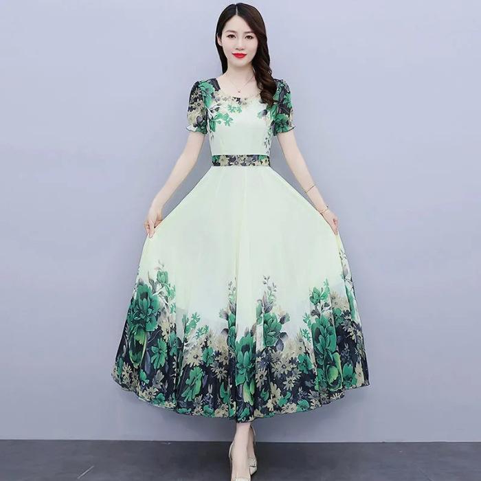 Short-sleeved Dress Women's Summer New Thin and High Temperament Round Neck Chiffon Printed Pendulum Long Skirt