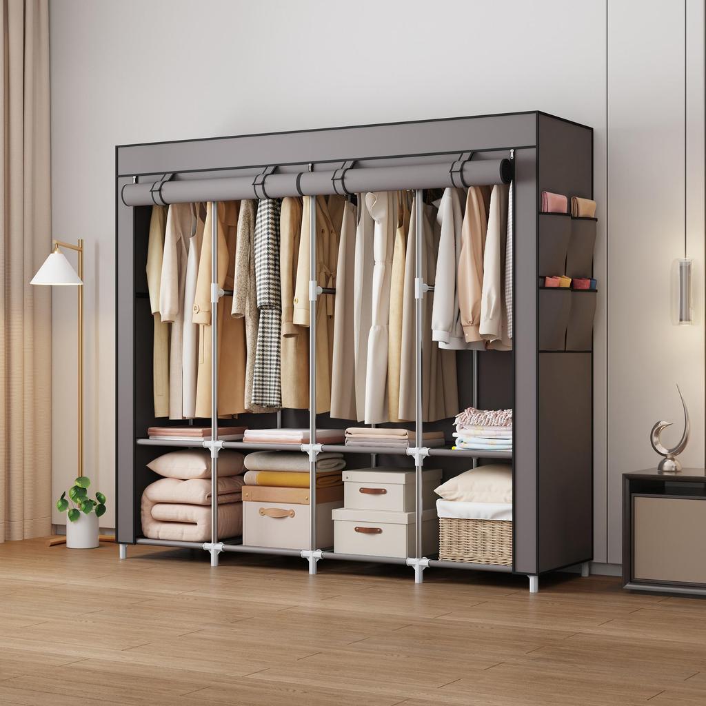 Multi-layer Non-woven Fabric Wardrobe with Dustproof Cover and Iron Pipe Frame