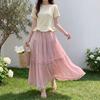 Qooth Polka Dot Print Ruffle Hem Full Flare A-Line Midi Skirt Fashion Versatile Half Skirt for Women QT2915