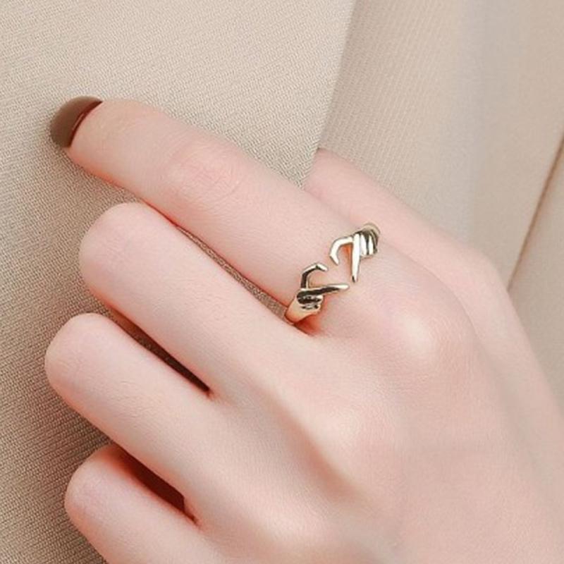 Huitan Simple Trendy Heart Finger Ring Lady Daily Wearable Accessories Metallic Style Jewelry for Women Hands Shape Design Gift