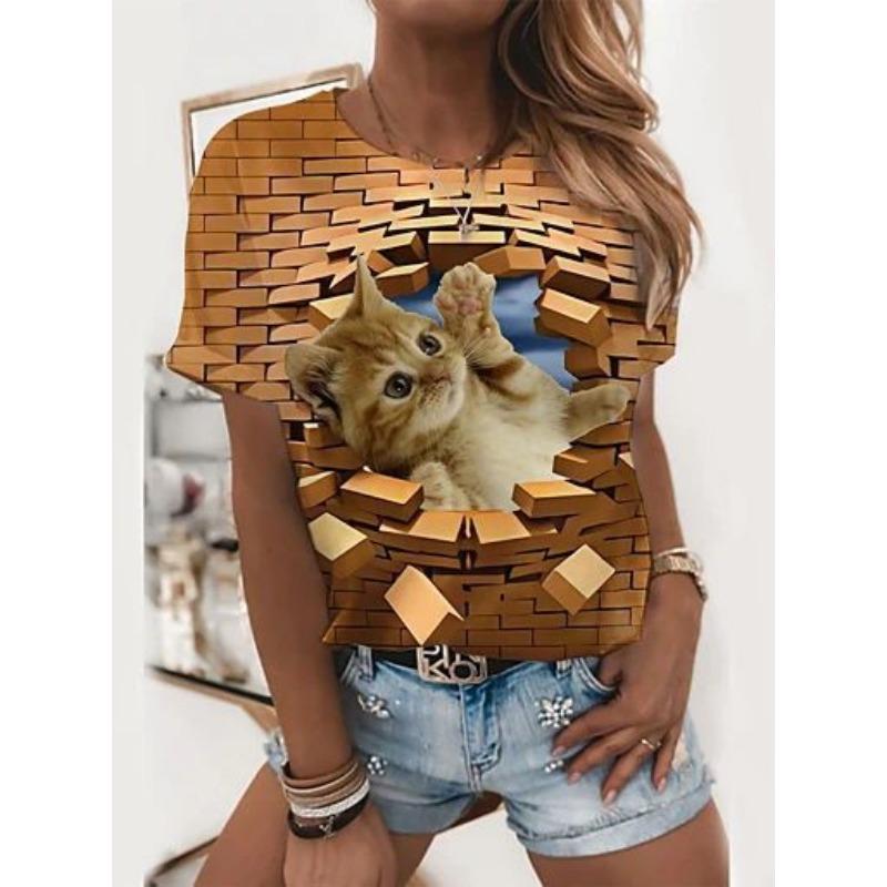 

Летний топ с круглым вырезом и 3D-принтом с животным узором, модная повседневная женская футболка с коротким рукавом XS