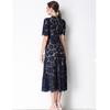High Quaity Solid Lace Hollow Out Summer Dress for Women Elegant Stand Collar Short Sleeve Slim Midi Dresses