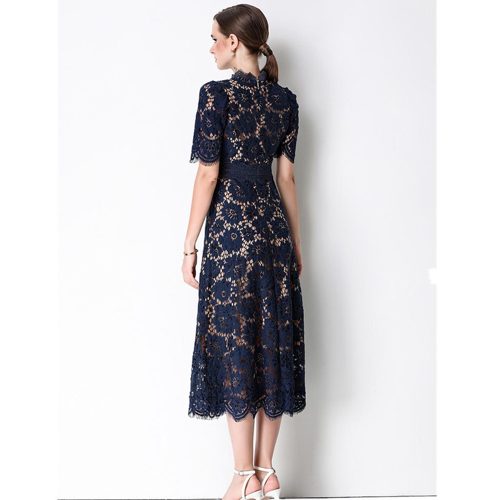 High Quaity Solid Lace Hollow Out Summer Dress for Women Elegant Stand Collar Short Sleeve Slim Midi Dresses