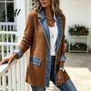 Chaqueta Patchwork Cómoda para Mujer Chaqueta de Mezclilla Otoño Invierno Cuello Botón Manga Larga Blazer de Jean Abrigo para Uso Diario Oficina Down