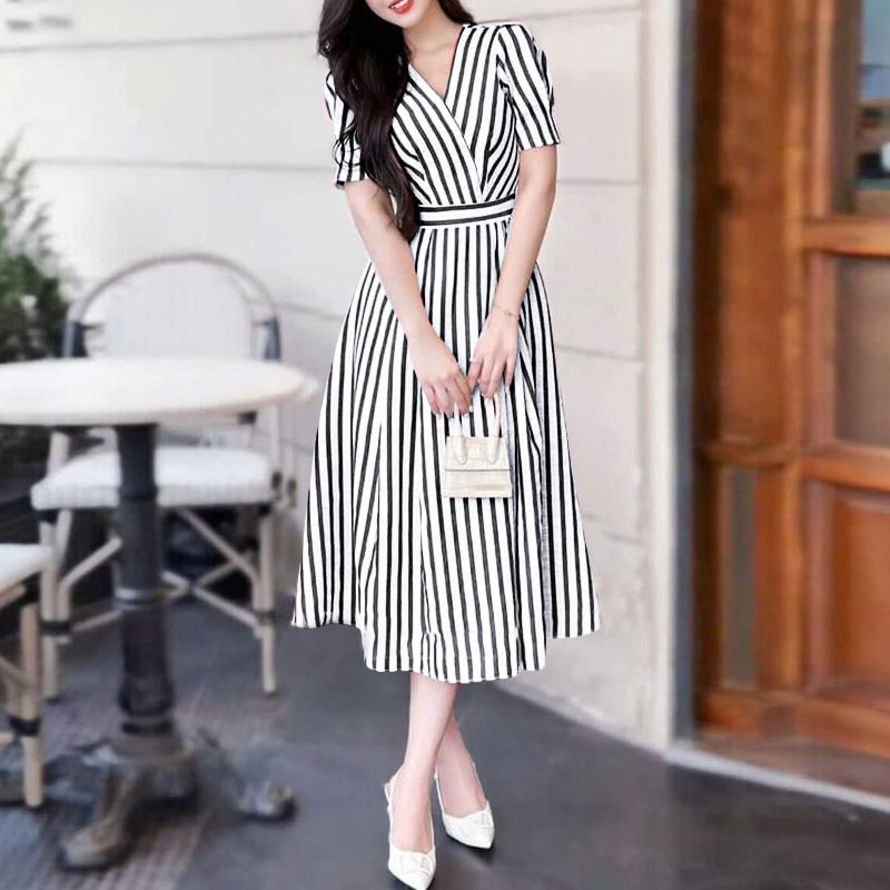 

ZANZEA Женское повседневное платье с V-образным вырезом, свободное, с коротким рукавом, в полоску 5XL чёрный