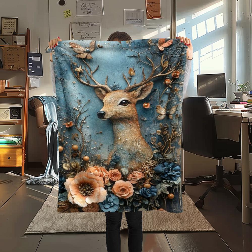 1Pc Vintage Deer Art Print Flannel Blanket, High Quality Comfortable for All Seasons, Home Decor, Warmth and Comfort, Perfect for Gifts