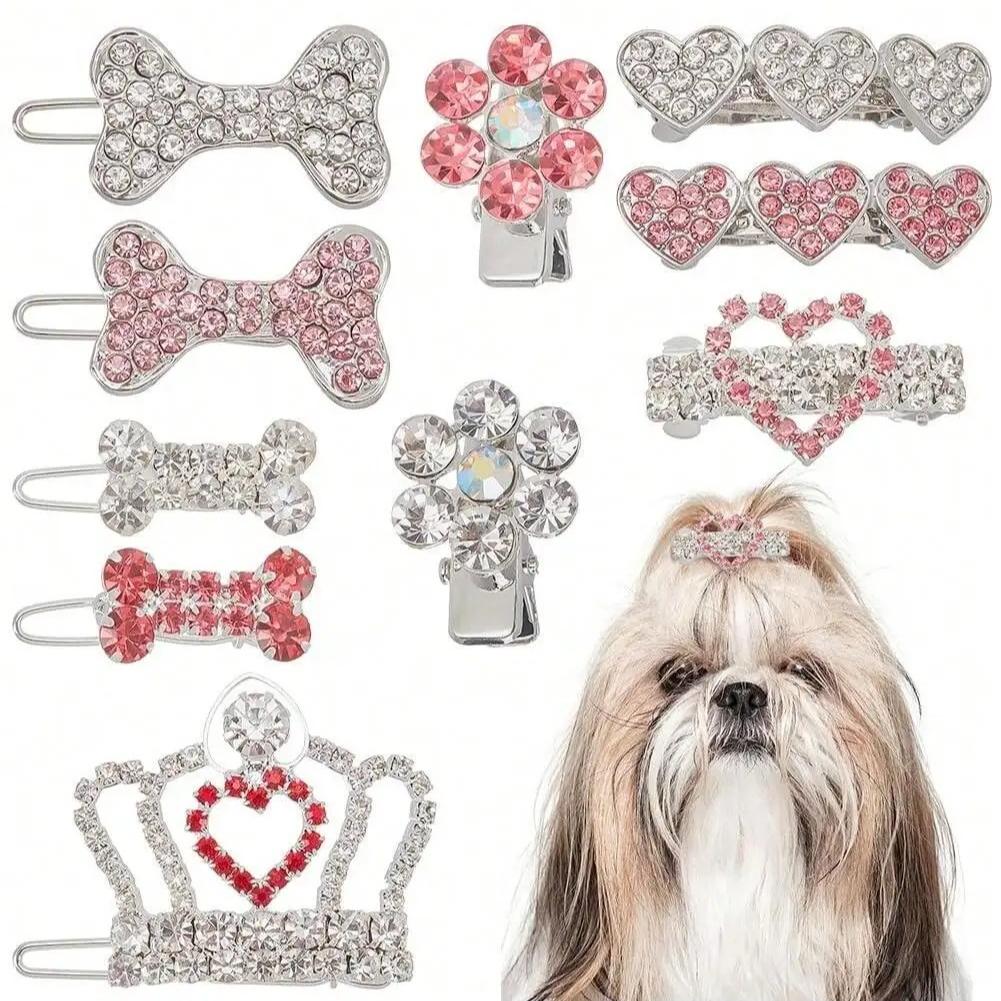 Pet Cat Dog Hair Clip Bone Mini Hair Barrettes Crown Heart Plum Blossom Party Holiday Decoration Pet Dog Cat Hair Clips Headwear