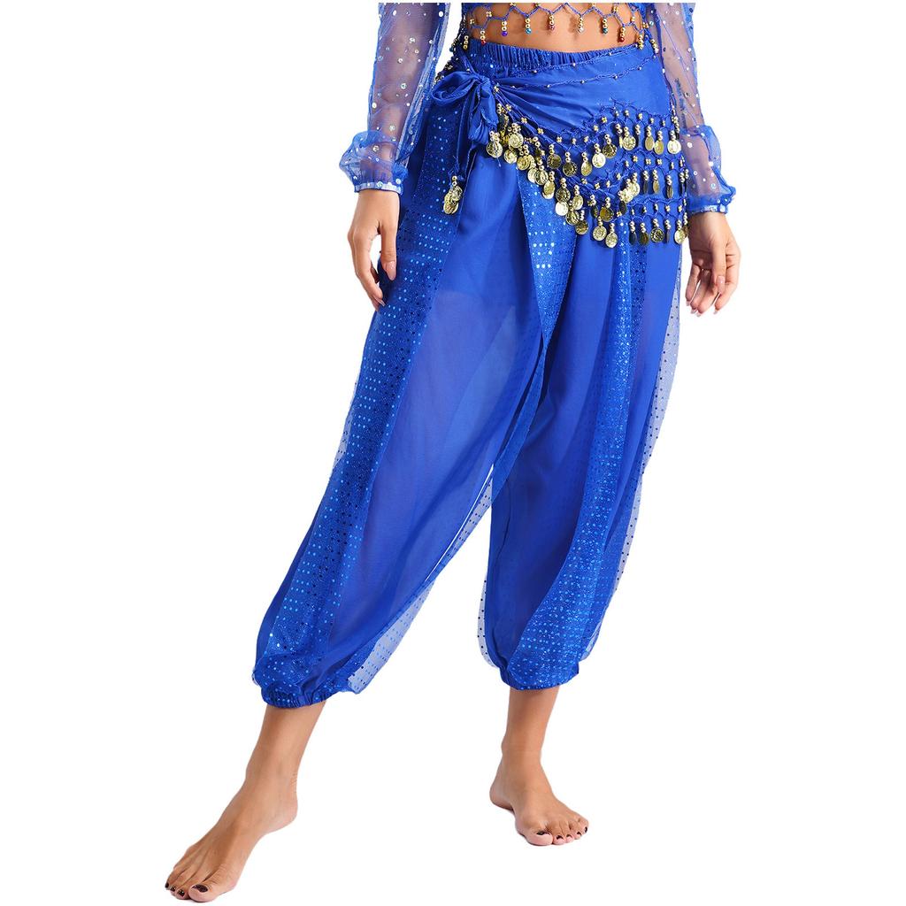 Damen Bauchtanz Bloomers Haremshose Elastischer Bund Paillettenbesetzte Schicht Schnürung Hüfttuch Halloween Kostüm