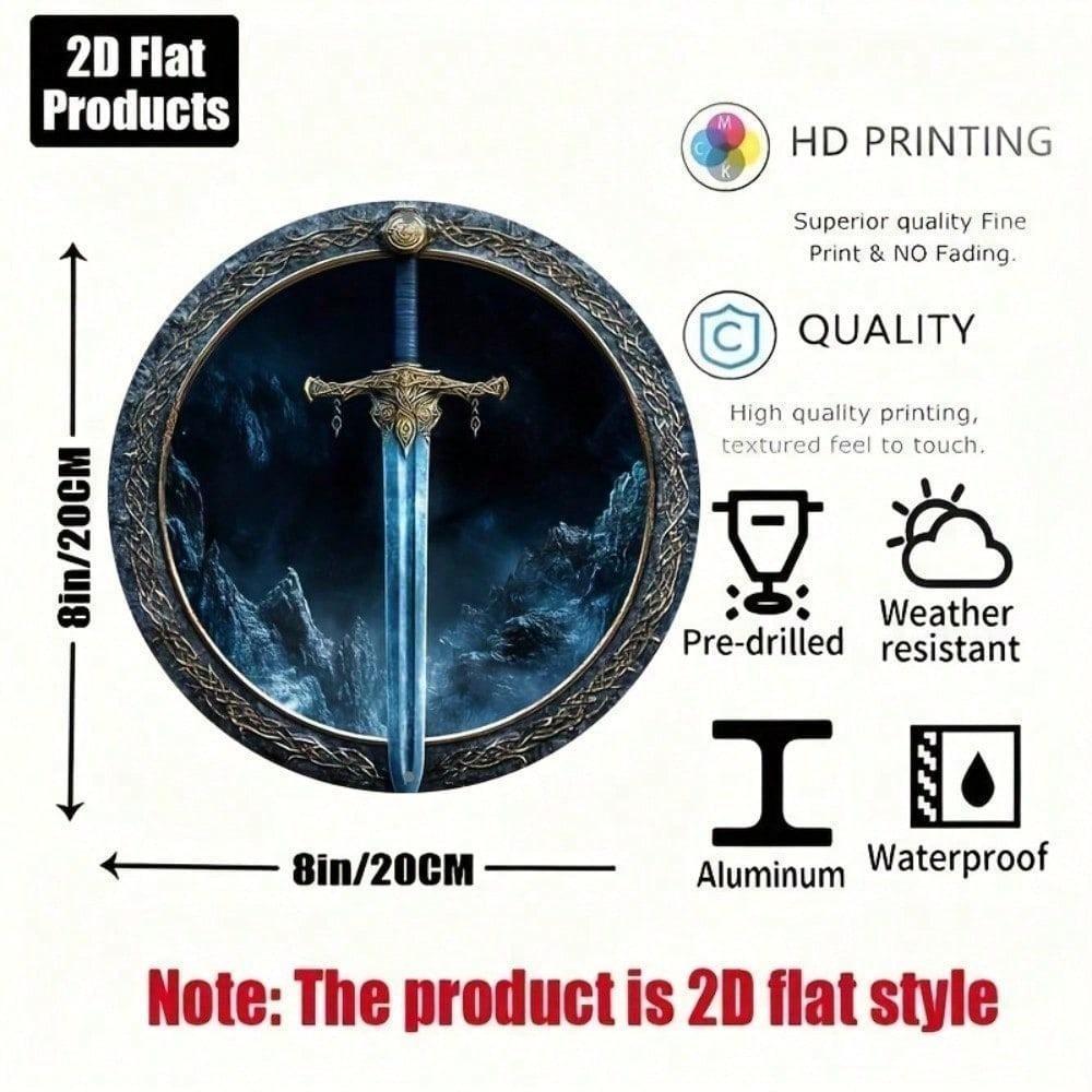 Round Aluminum Metal Sign Sword Wall Art Waterproof HD Print Home Office Decor