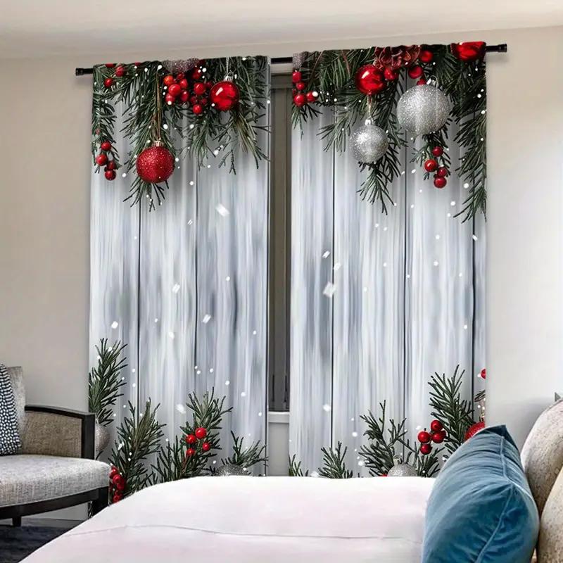 Holiday Christmas Balls Pine Branch Printed Curtains Suitable Home Decoration Bedrooms Living Rooms Made Of Polyester Great Room Decor