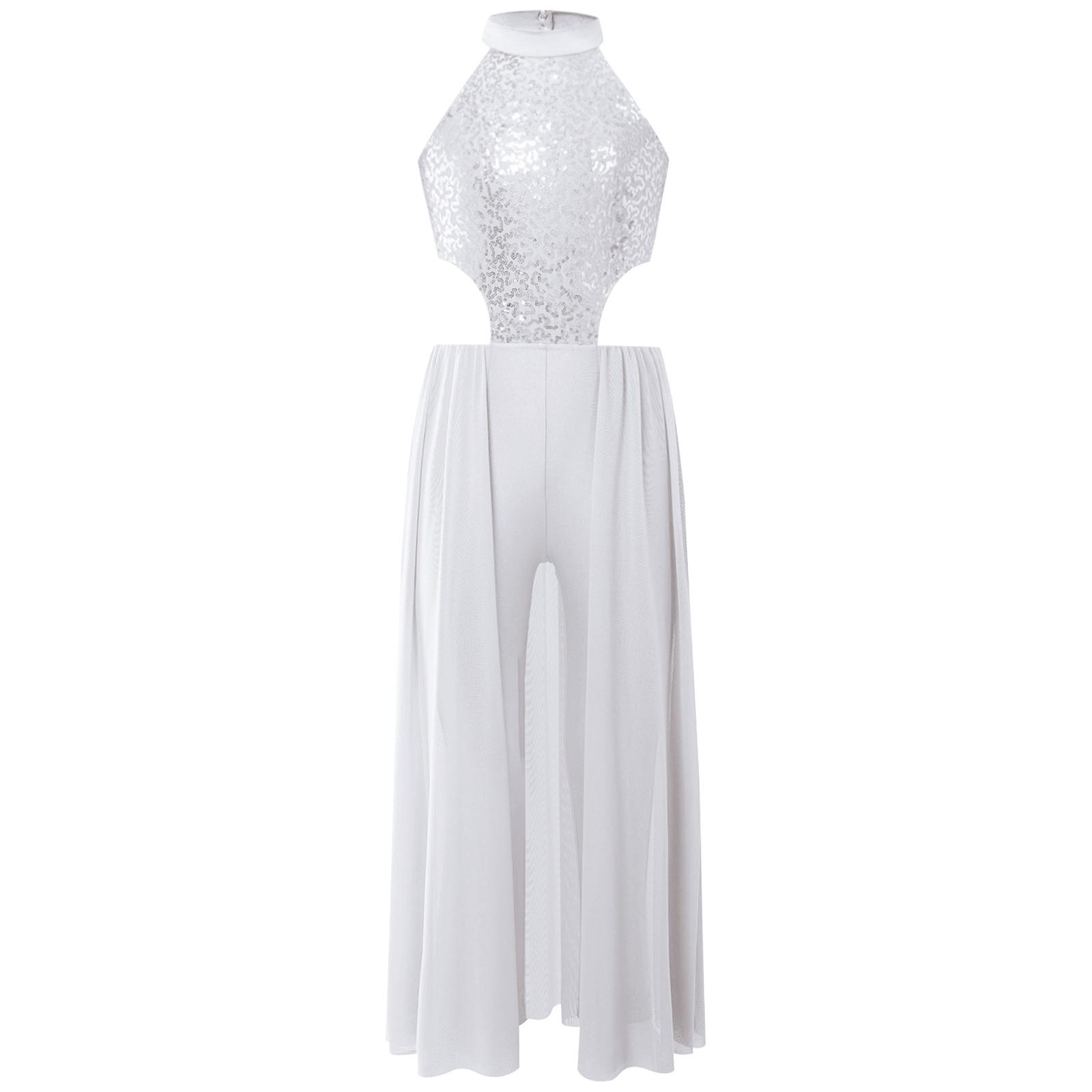 Tuta da Donna Brillante con Paillettes, Scollo all'americana, Senza Maniche, Schiena Scoperta, con Gonna, Costumi per Esibizioni di Danza Latina 15-16 Years bianco