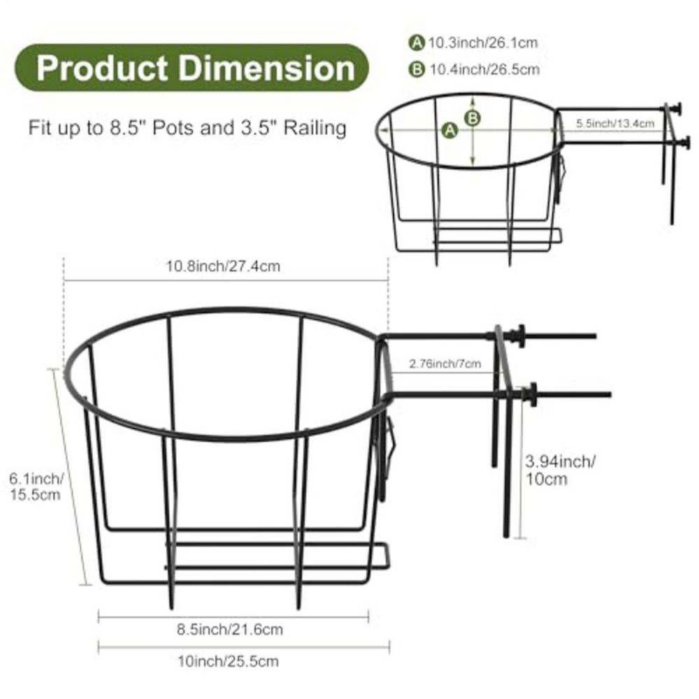 

3 шт. Регулируемые подставки для цветочных горшков Подходят для 3-5,5 дюймов Металлический шест Кронштейны для цветочных горшков на балконное ограждение Для крыльца Патио Дворов чёрный