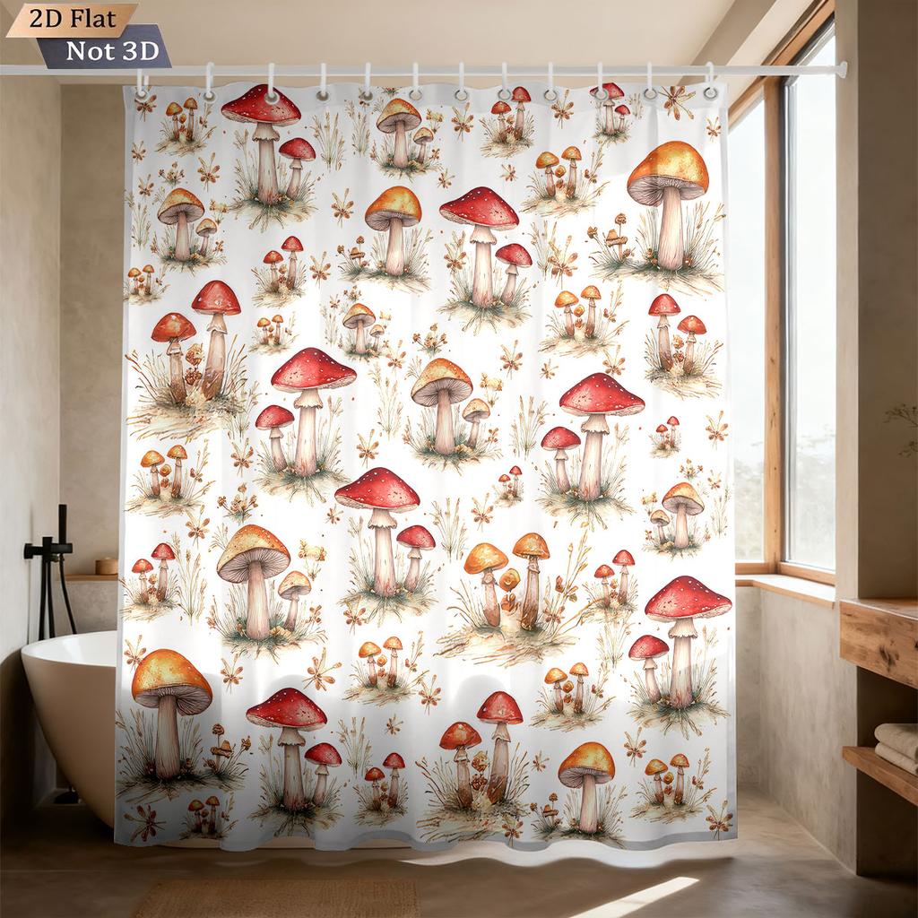 1 Piece Cute Mushroom Print Waterproof Shower Curtain Partition Privacy Hanging Curtain With 12 Hooks In Multiple Sizes